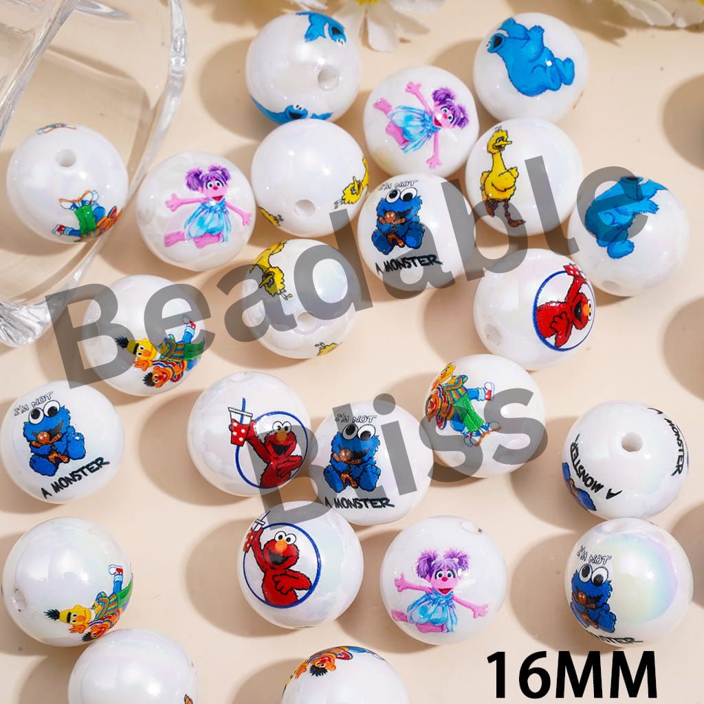 UV Coating Acrylic Beads for Bracelets w Classic Puppet Character Print, 16MM, Random Mix