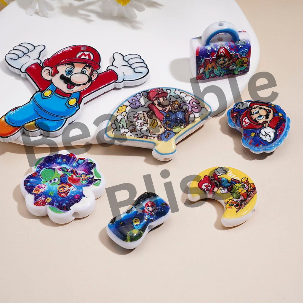 Acrylic Beads Charm Pendant w Game Theme Plumber Character, Random Mix