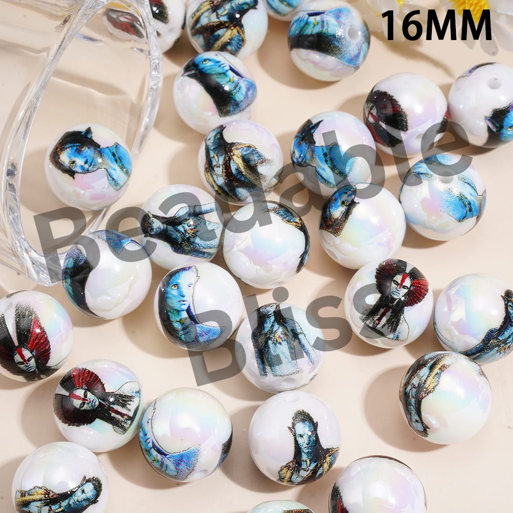 UV Coating Acrylic Beads for Bracelets with Blue Character Print, 16MM, Random Mix