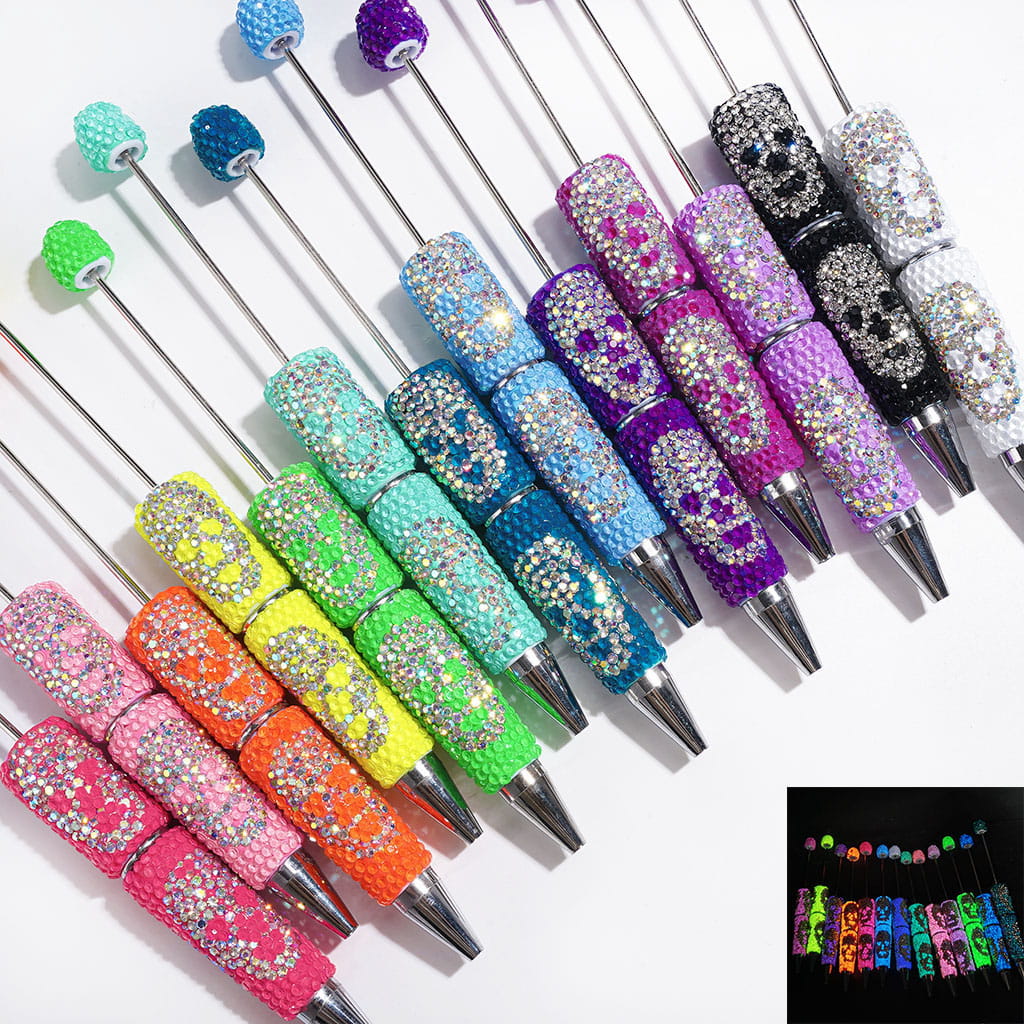 Luminous Beadable Clay Pens with Skull Head Shaped AB Rhinestones Covered the Entire Pen, Halloween Theme, Multi-Color