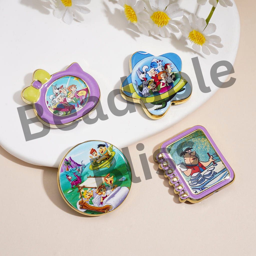 Acrylic Beads Pendant w Retro Cartoon Family Theme, Space Adventure Print, Random Mix