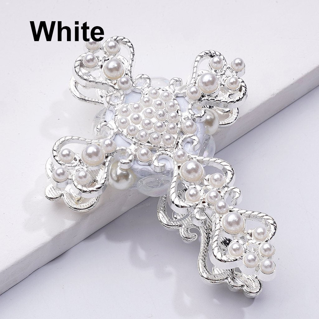 Exquisite Fancy Gold Silver Alloy Cross with White Pearls Clear AB Rhinestones Clay Beads, Around 46*60MM