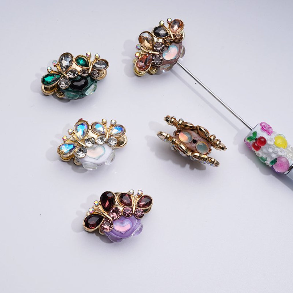 Delicate Fancy Gold Alloy Butterflies with Colorful Shiny Rhinestones Hearts Clay Beads, Around 38*25MM