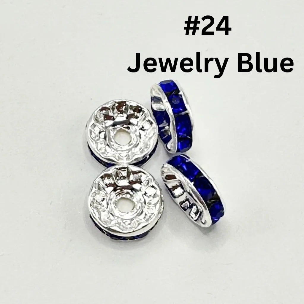 Straight Flat Round Metal Spacers with Rhinestones in Solid Colors, 10mm