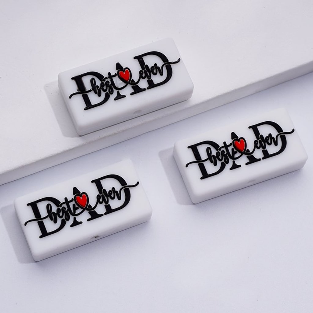 Black White Best Dad Ever with Red Hearts Silicone Focal Beads