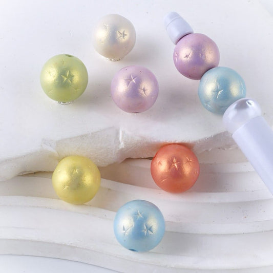 Colorful Shiny Engraved Stars Round Acrylic Beads, 16MM, Random Mix