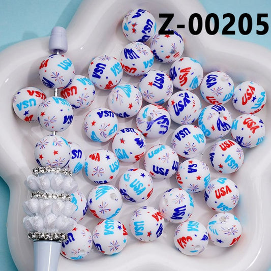 USA America White Printed Silicone Beads 15MM, Number Z-00205