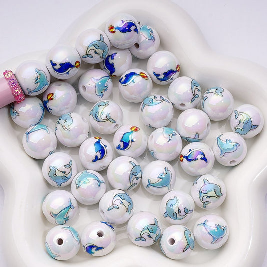 UV Coating Cute Sea Ocean Marine Animals Dolphins Acrylic Beads, 16MM, Random Mix