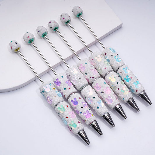 Beadable Clay Pens with Cute Bunny Heads Colorful Shiny Rhinestones Mini Snow Balls Covered the Entire Pen