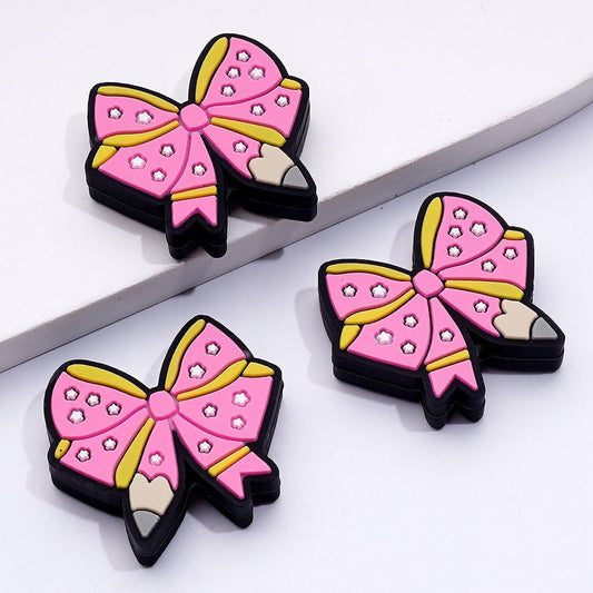 Luminous Cute Pink Bowknots with Pencil Mini White Stars Teacher School Silicone Focal Beads