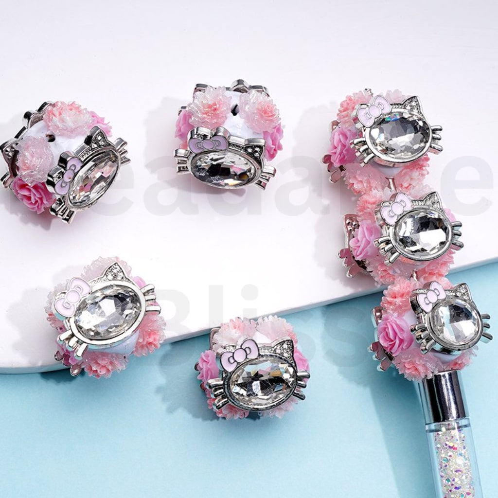 Fancy Cute Silver Alloy HK Kitten Head with Large Clear Oval Rhinestone Shiny Glitter Flowers Clay Beads, Around 22*22MM