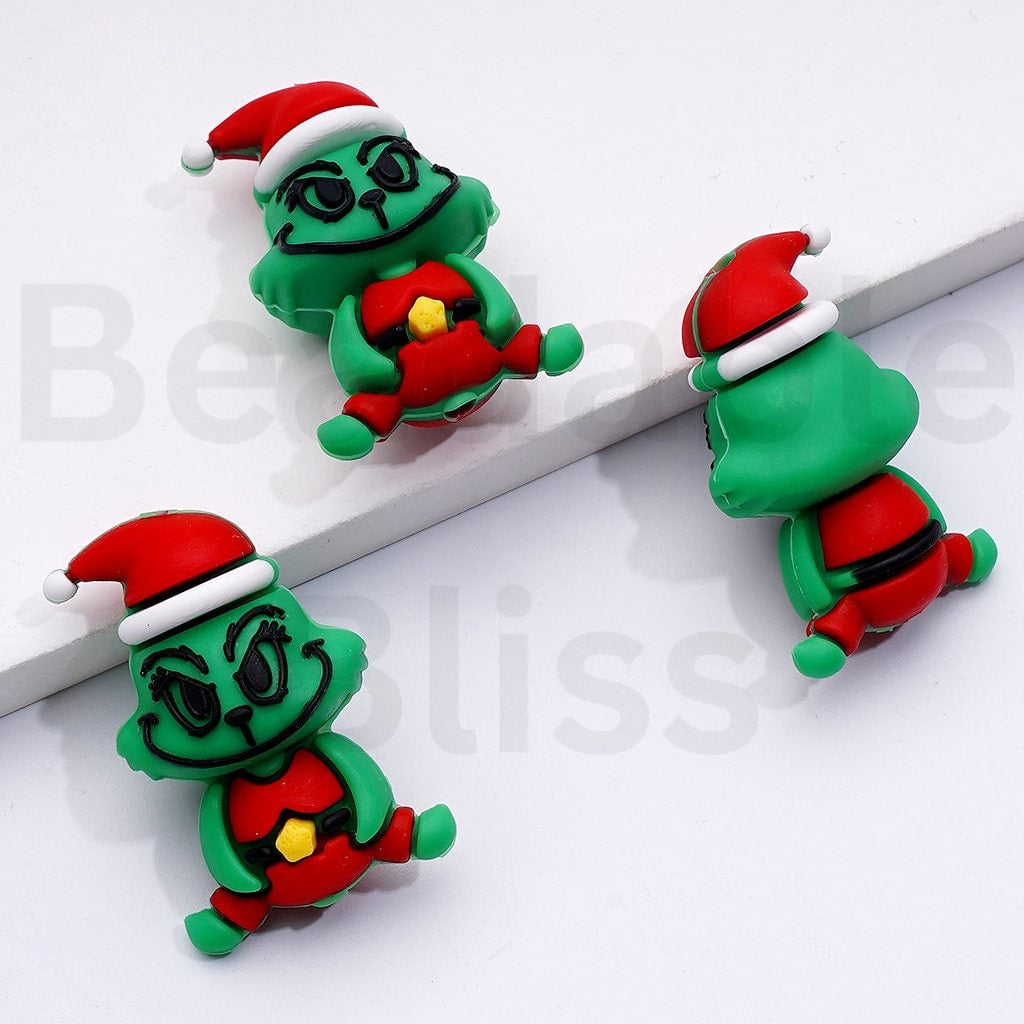 3D Green Monster Grinc with Red Christmas Hat Silicone Focal Beads