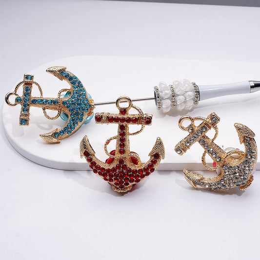 Exquisite Fancy Gold Alloy Corsair Pirate Ship Boat Anchor with Shiny Rhinestones White Pearls Cute Flowers Snowflakes Hearts Clay Beads, Around 58*50*20MM