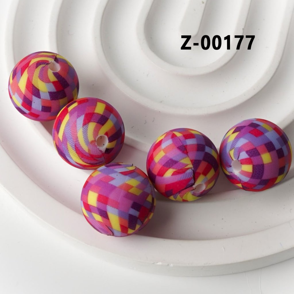Colorful Checkers Design Round Printed Silicone Beads 15mm, Number Z-00177