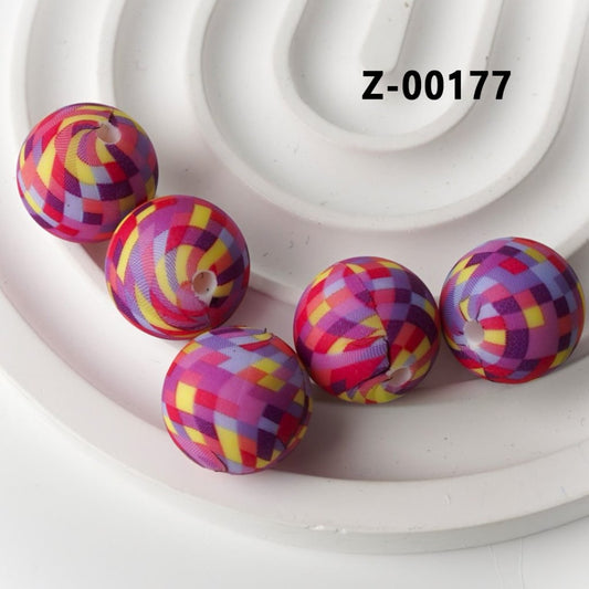 Colorful Checkers Design Round Printed Silicone Beads 15mm, Number Z-00177