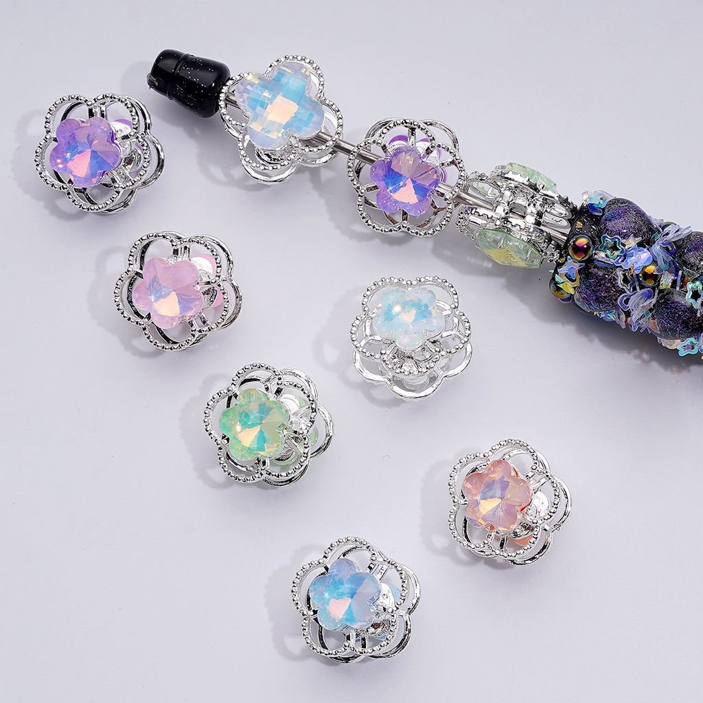 Exquisite Fancy Silver Alloy Five-Petaled Flowers Beads with Multi-Color Shiny Rhinestones, Around 17MM