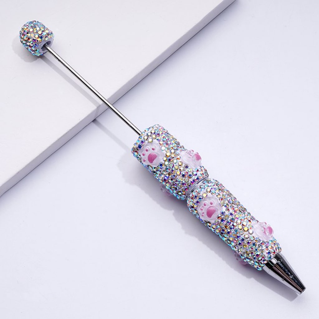 Beadable Clay Pens with Cute Pink Paw Prints Mini AB Rhinestones Covered the Entire Pen