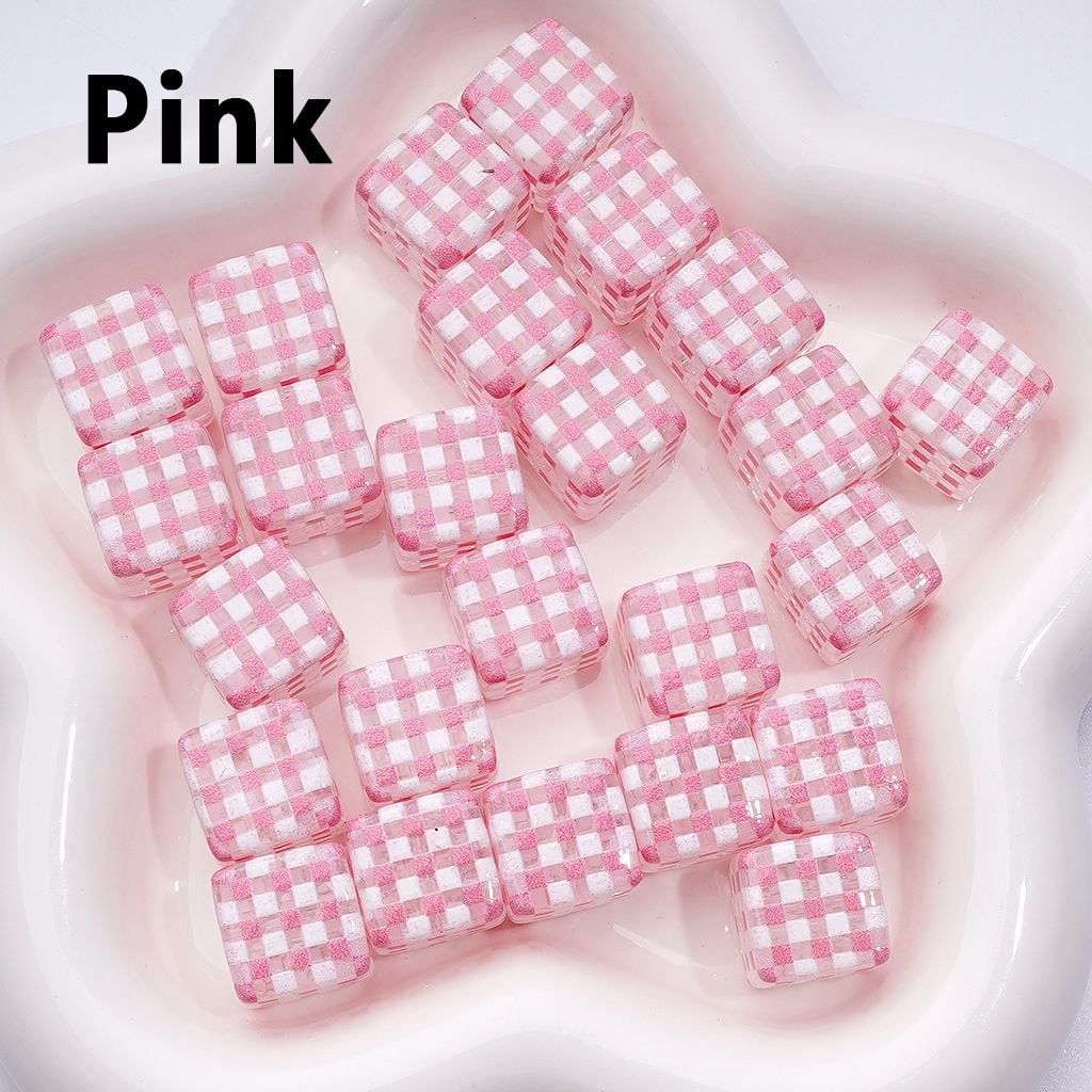 Macaron Color Checkered Clear Cube Square Acrylic Beads, Around 14MM