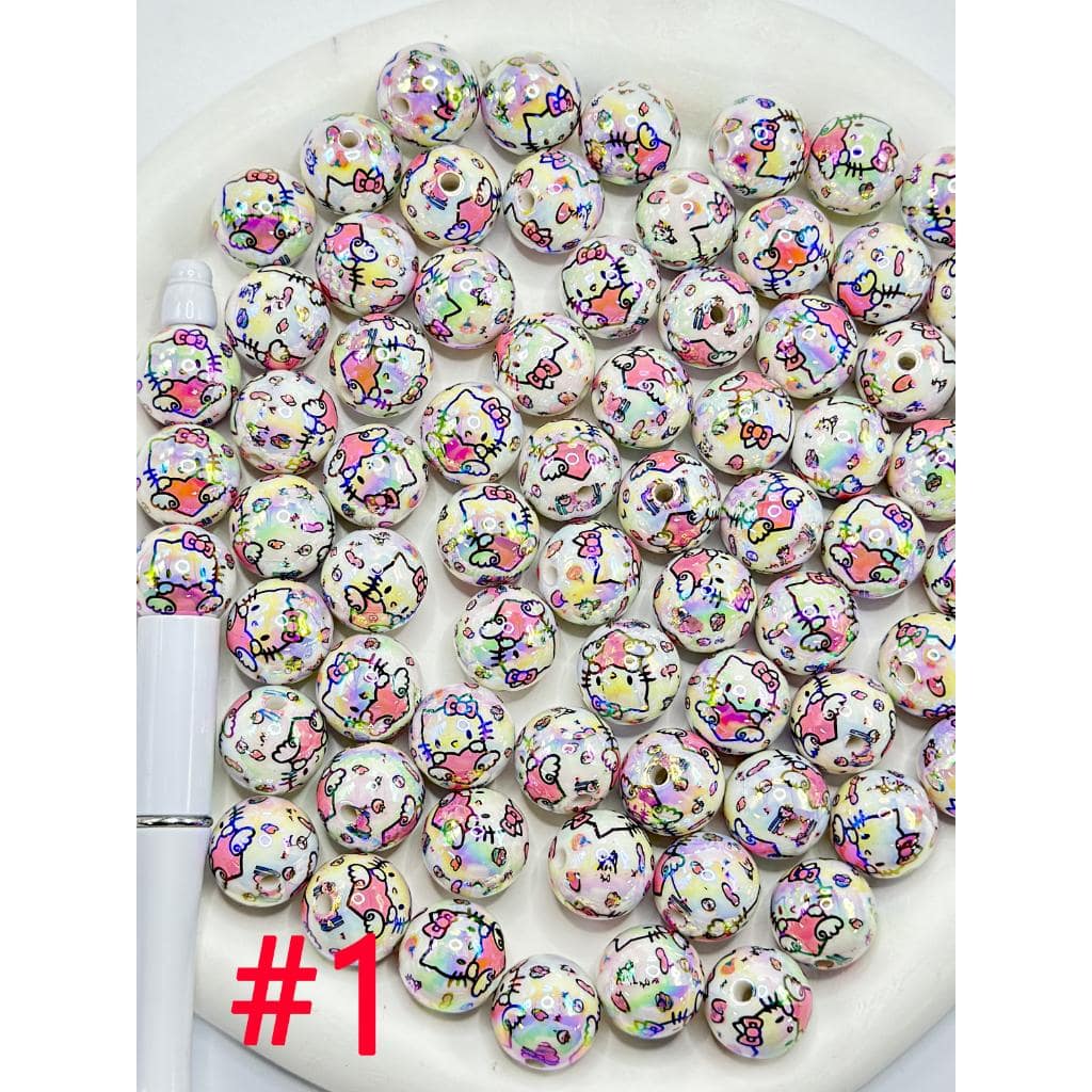 White UV Coating Acrylic Beads with Kuro , Kitt ,   Prints , cinnamon ,Random Mix, 16MM