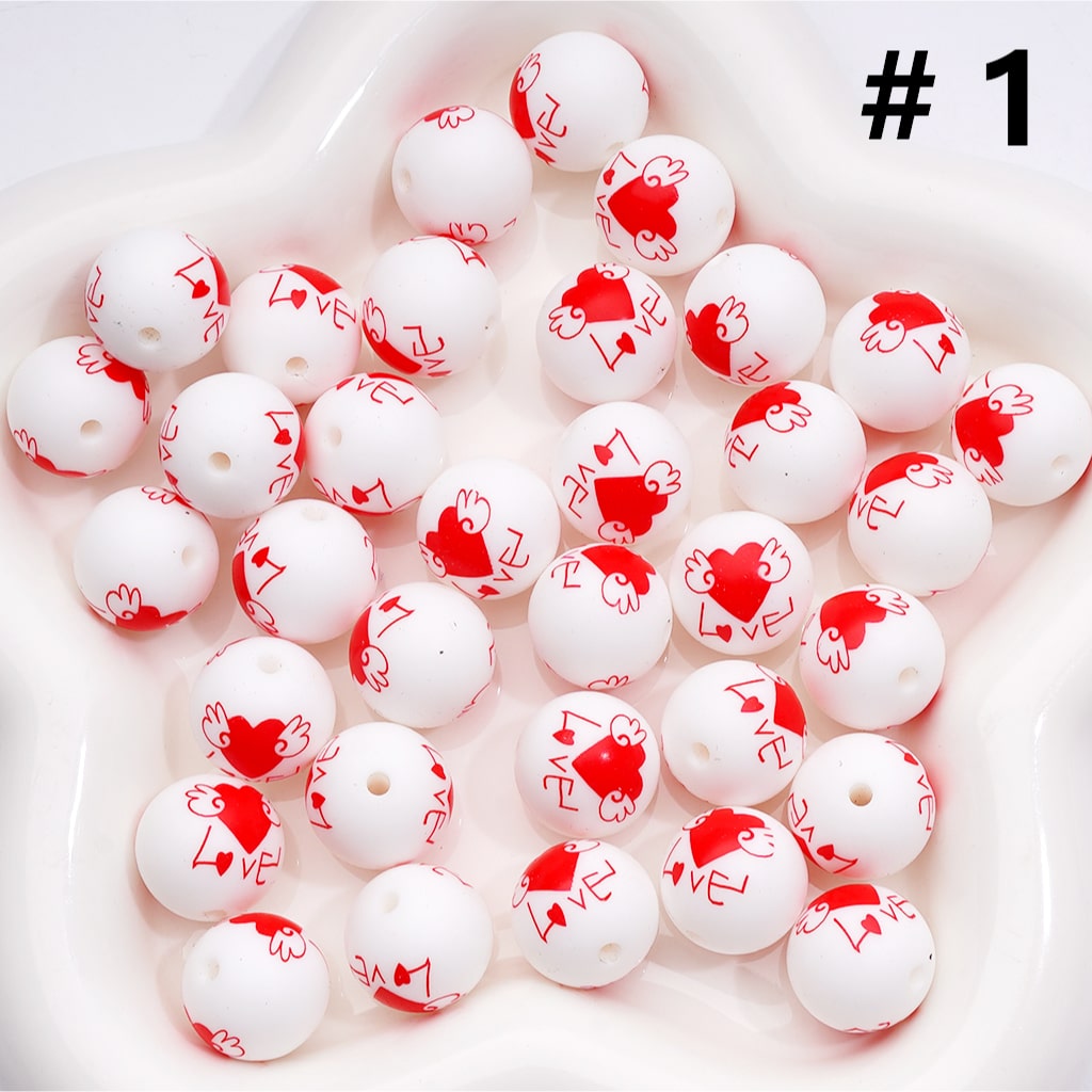 Printed Silicone Beads Red Love Heart Valentine's Day Prints, White 15MM, Numer Z-00282