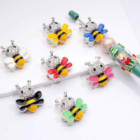 Silver Alloy Beads Fancy Bee with AB Rhinestones Solid Color Wings 29*26MM
