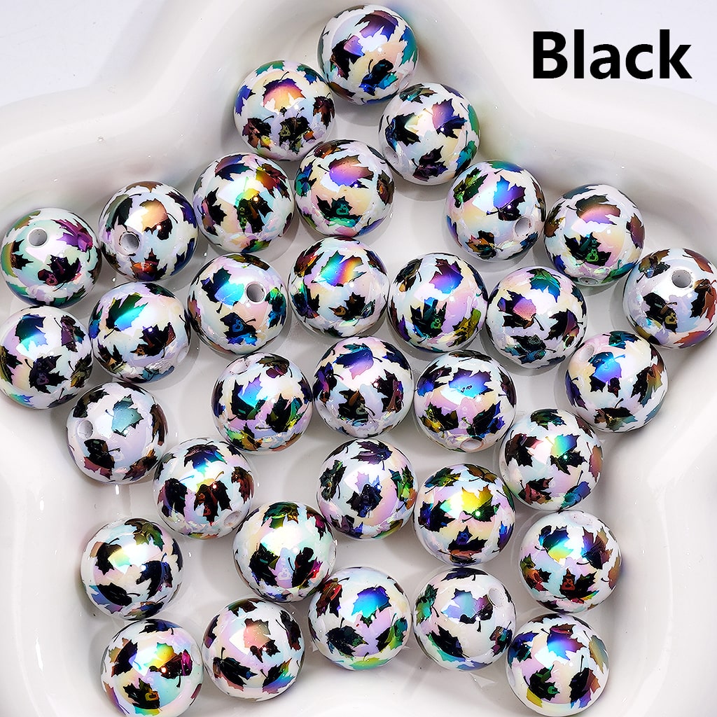 Acrylic Beads UV Coating Maple Leaves Prints Multi-Color, Round 16MM （Single Color is available for 200pcs(Whole Bag))