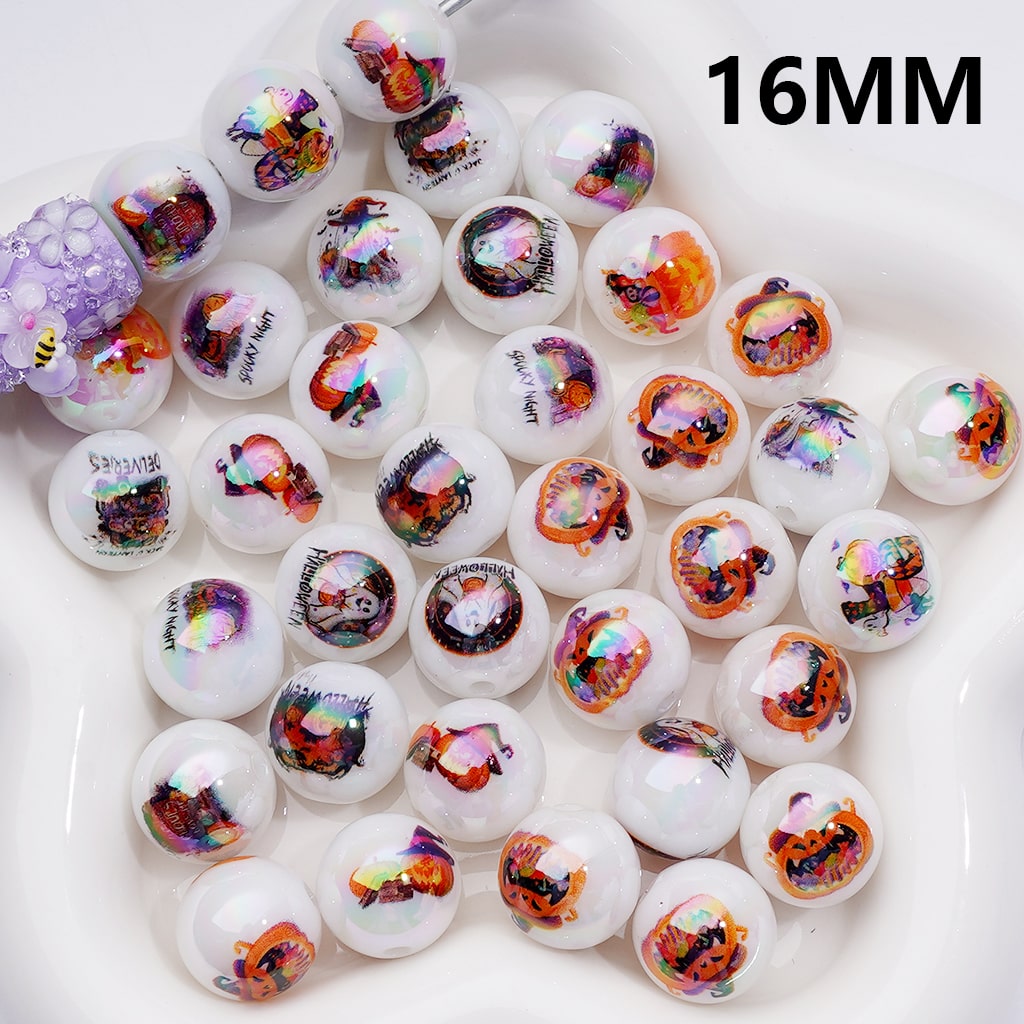 UV Coating Halloween Series Ghost Face Pumpkin with Wizard Hat Round Acrylic Beads, 16MM, Random Mix