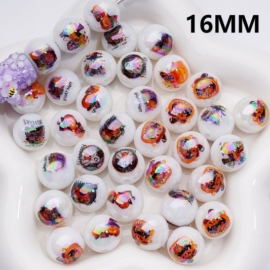 UV Coating Halloween Series Ghost Face Pumpkin with Wizard Hat Round Acrylic Beads, 16MM, Random Mix
