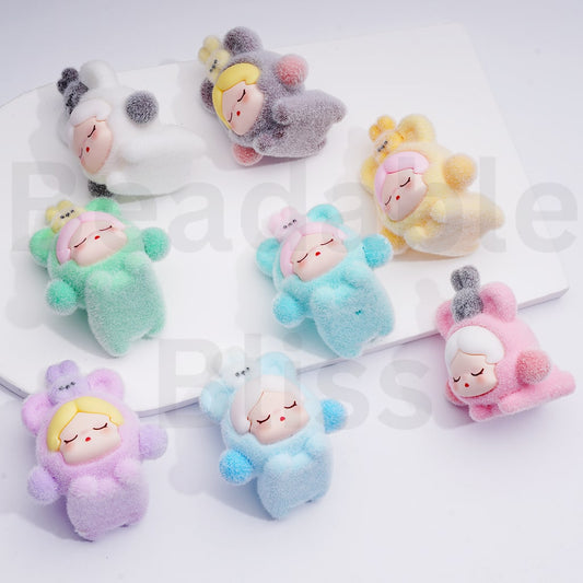 Cute Flocked Kik with Bear Costume Pendant Pen Topper Acrylic Beads Jewelry Accessories, 40*46MM
