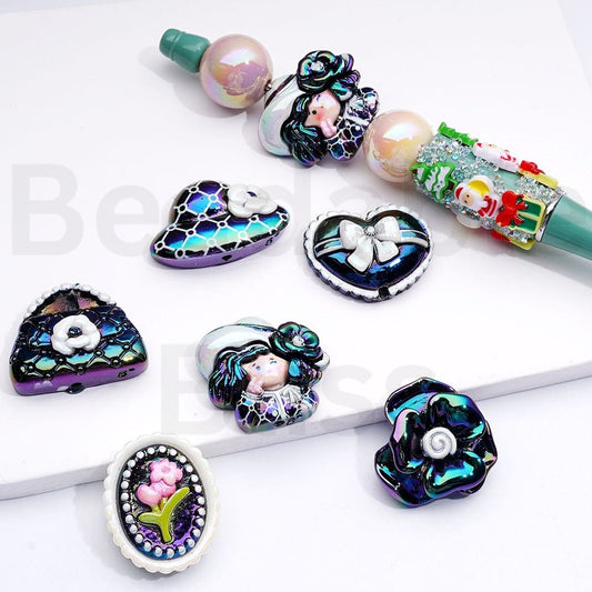 Acrylic Beads UV Coating Vivid Coc Lady Handbag Hat Flower Black Series, Random Mix