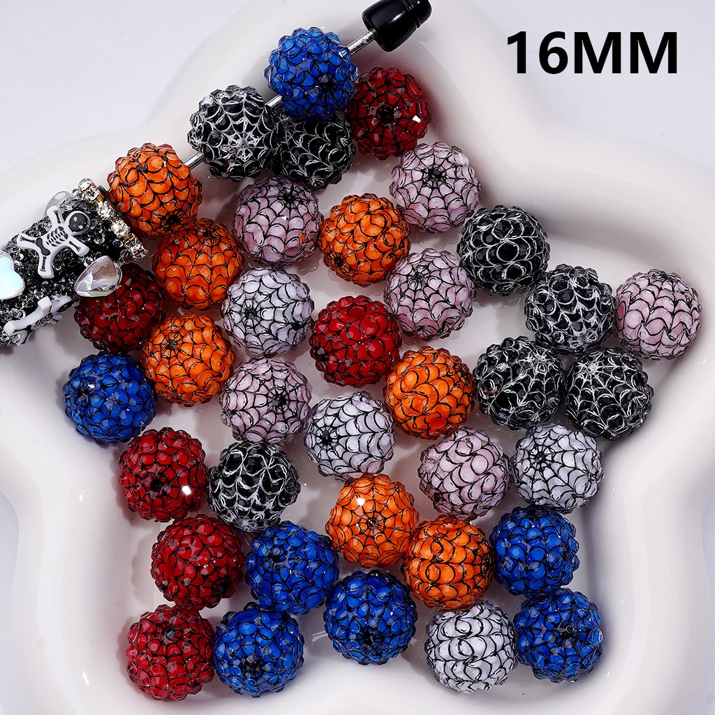 Halloween Clear Rhinestones Black White Spider Web Stripes Round Acrylic Beads in Solid Color, 16MM