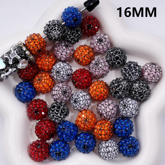 Halloween Clear Rhinestones Black White Spider Web Stripes Round Acrylic Beads in Solid Color, 16MM