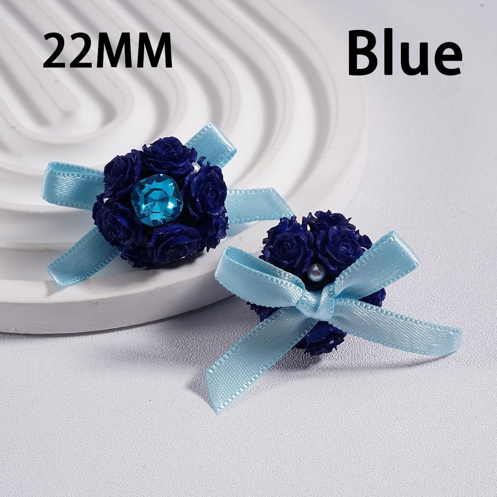 Clay Beads with Luminous Soft Rose Flowers and Shiny Square Rhinestones, White Pearls & Fabric Bowtie Ribbon, 22MM, Multi-Color