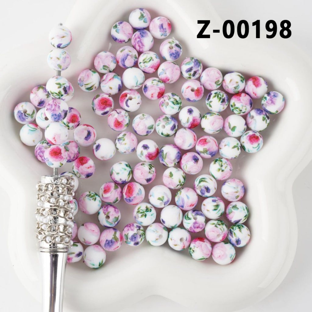 Colorful Flowers Printed Silicone Beads 9MM, Number Z-00198