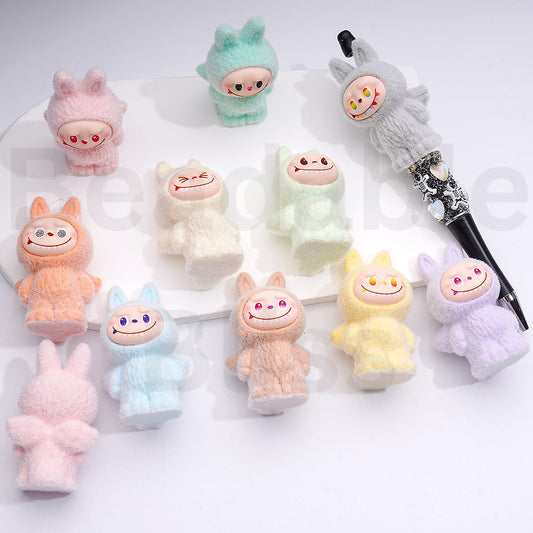 Acrylic Beads Pen Topper Pendant Jewelry Accessories Flocked Cute Labub Monster Po Mar with Wings, Solid Color Around 56*34MM