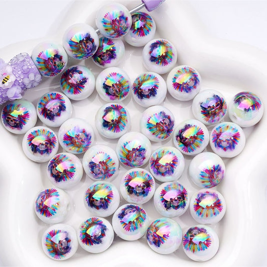 UV Coating Halloween Horror Skeleton Skull Head with Colorful Feather  Round Acrylic Beads,16MM
