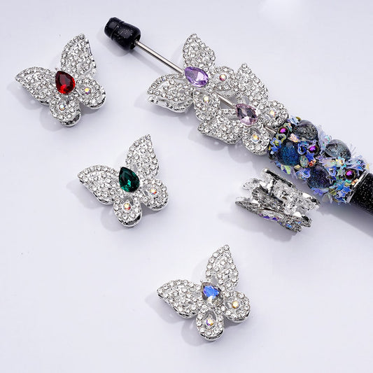 Exquisite Fancy Silver Alloy Butterfly Beads with Mini AB Clear & Colorful Water Drop Rhinestones, Around 25*22MM, Random Mix