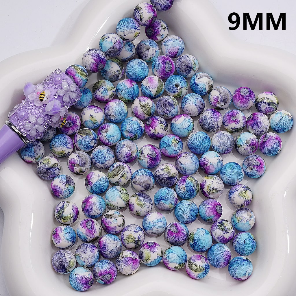 Purple Blue Flowers Green Leaves Pattern Printed Silicone Beads 9MM, Number Z-00257