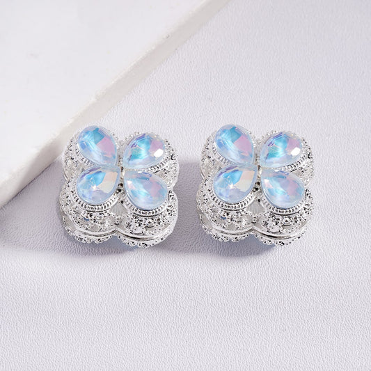 Exquisite Fancy Hollow Silver Alloy Four-Leaf Clover Beads with Colorful Shiny Rhinestones, Around 19*19MM