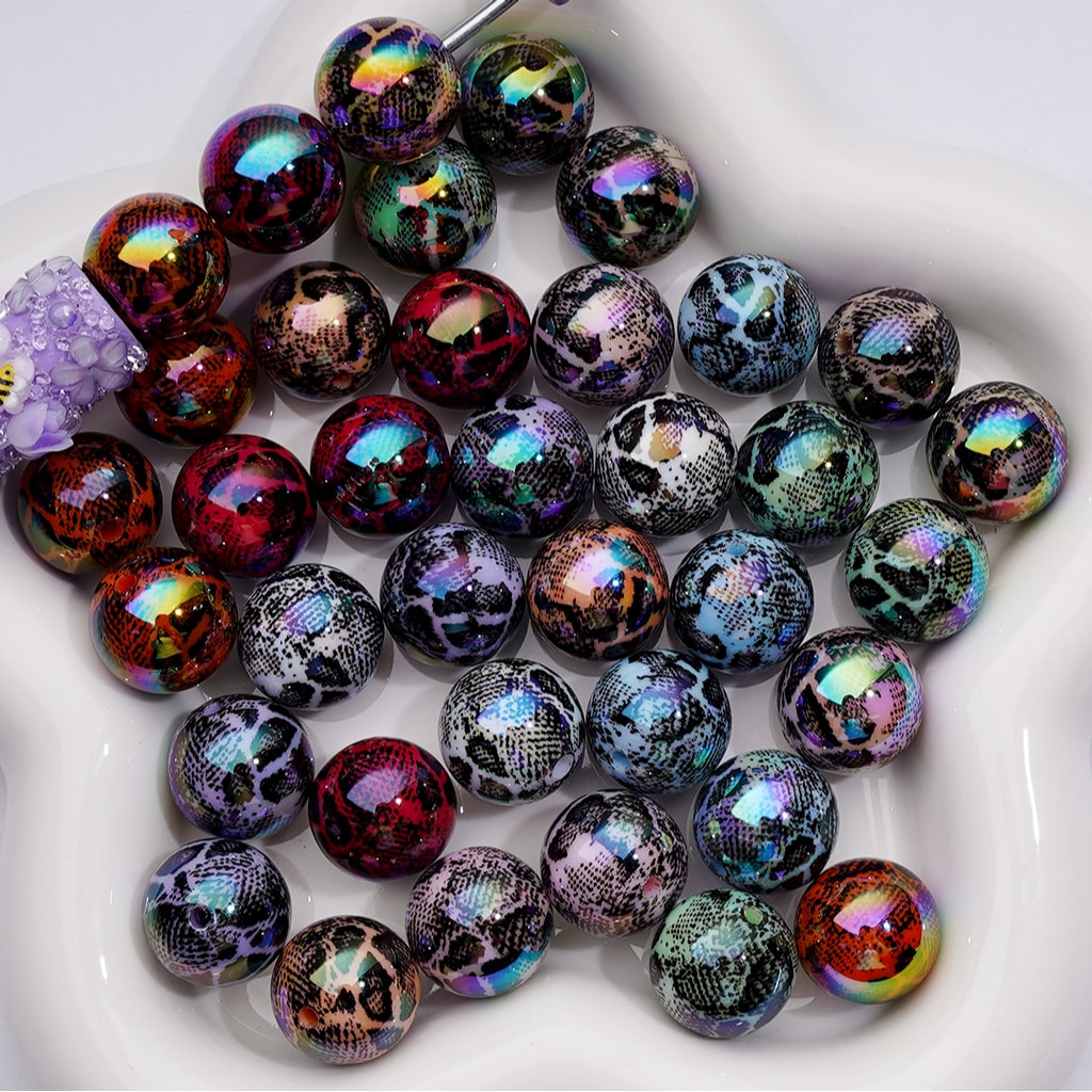UV Coating Abstract Irreugal Black Spots Prints Round Acrylic Beads in Solid Color, 16MM