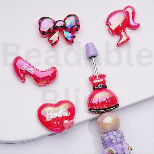 UV Coating Barbi Series Dress Hearts Bows High-Heeled Shoes Acrylic Beads, Random Mix