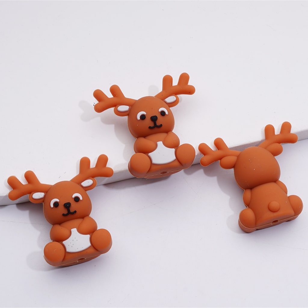 3D Cute Brown Elk Christmas Silicone Focal Beads