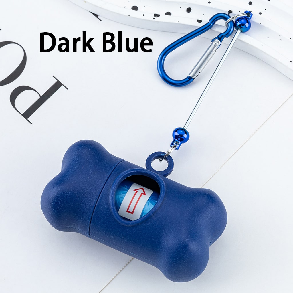 Dark blue bone-shaped container with a carabiner on a white background
