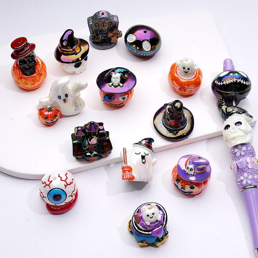 UV Coating Halloween Sereis Ghost Pumpkin Wizard Hat Skeleton Skull Head Tombstone Horror Eyes Acrylic Beads, Random Mix