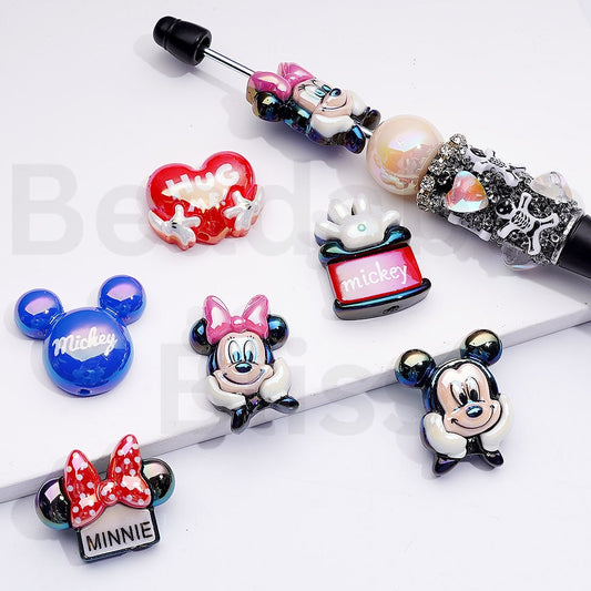 Acrylic Beads UV Coating Cute Disne Micke Minni Mous Red Hearts, Random Mix