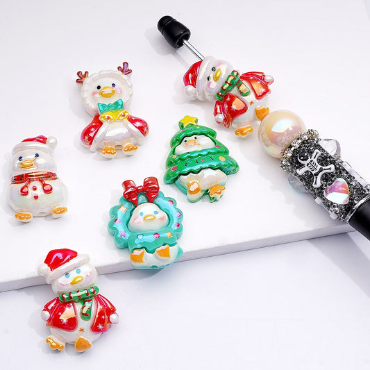 Acrylic Beads UV Coating Cute Duck in Chirstmas Costume Tree Hat Scarf Bell Elk, Random Mix