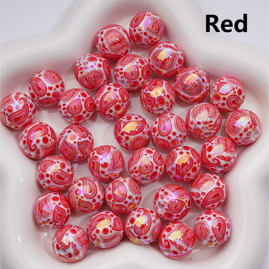 UV Coating Multi-Color Water Drop Pattern White Round Acrylic Beads, 16MM
