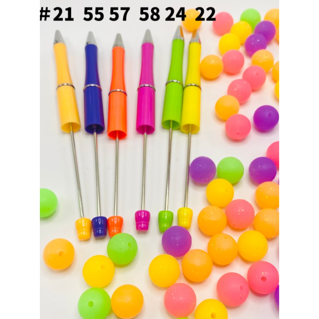 Neon Color Pens and Beads with Glittery Style, Beads Size 15mm, Bundle Kit