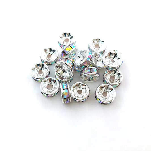 Spacers with Silver Color Metal and AB Color Rhinestone, 10mm
