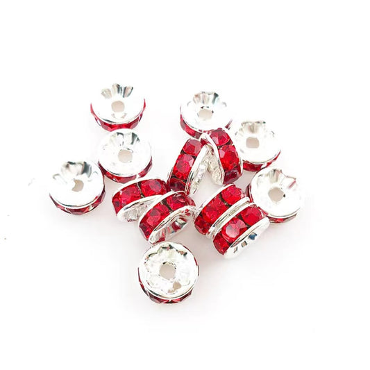 Spacers with Silver Color Metal and Red Color Rhinestone, 10mm